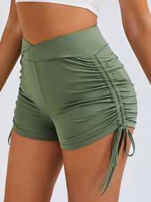 SHEIN SXY Shorts con cordón fruncido doblado - Verde militar - Ver 5
