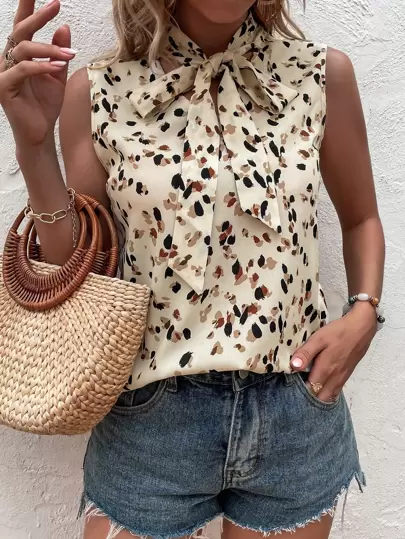 CasualVollediggeprintBlouseKnoopVooraan - Top SHEIN