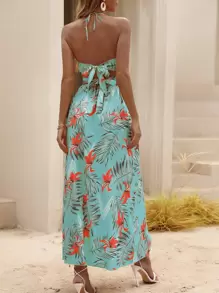 Breezaya Imprimeu Tropical Fără Spate Nod Halter Decolteu Despicat Coaps Rochie Maxi Vacanta Tinute Plaja Femei