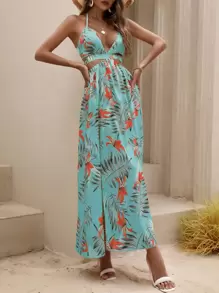 Breezaya Imprimeu Tropical Fără Spate Nod Halter Decolteu Despicat Coaps Rochie Maxi Vacanta Tinute Plaja Femei