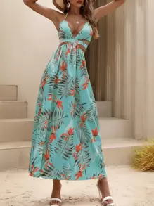 Breezaya Imprimeu Tropical Fără Spate Nod Halter Decolteu Despicat Coaps Rochie Maxi Vacanta Tinute Plaja Femei