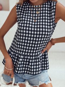 SHEIN LUNE 方格花布锁孔形后背荷叶边下摆无袖衬衫荷叶边上衣