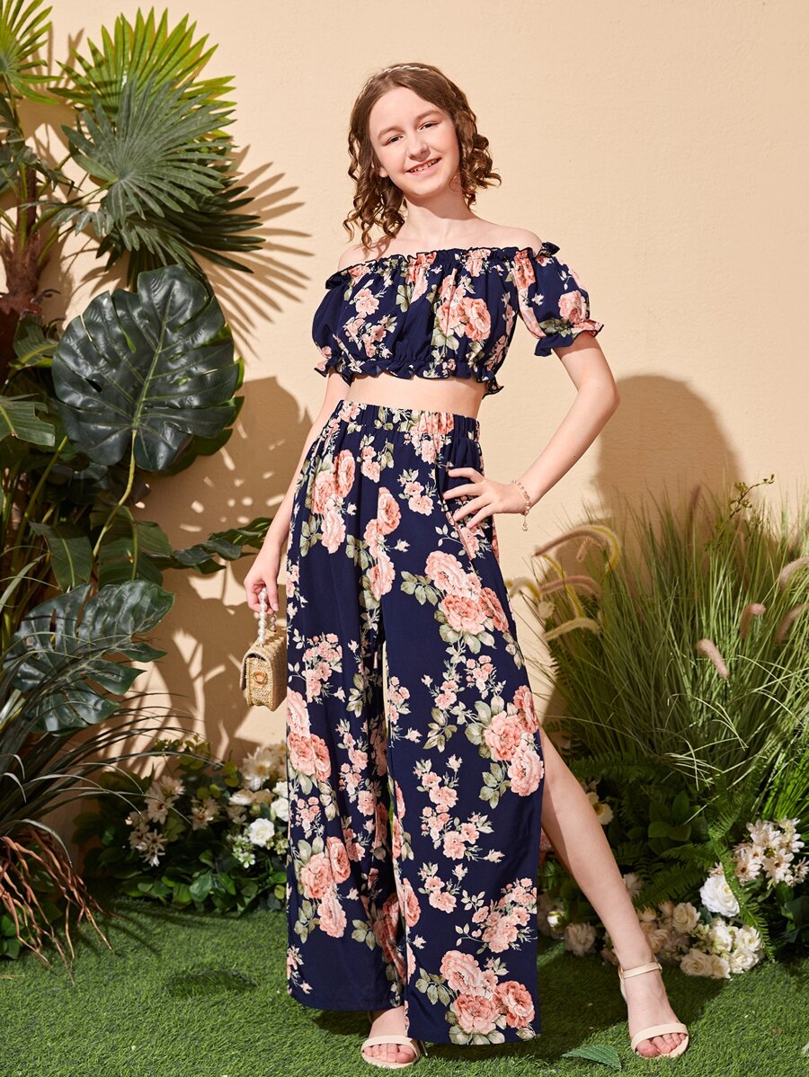 SHEIN Bộ hai mảnh Gái viền lá sen Chia Hoa Boho - Nhiều màu - Xem 1