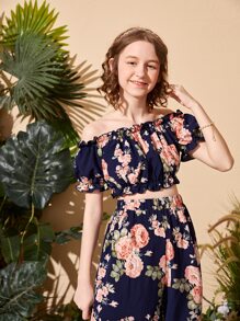 SHEIN Bộ hai mảnh Gái viền lá sen Chia Hoa Boho - Nhiều màu - Xem 4