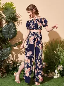 SHEIN Bộ hai mảnh Gái viền lá sen Chia Hoa Boho - Nhiều màu - Xem 5