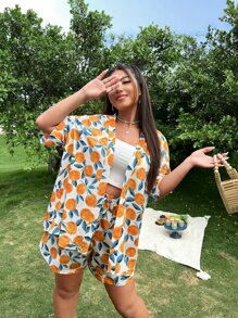 Dreamara Plus Fruit Print Kimono & Drawstring Waist Shorts - Orange - View 5