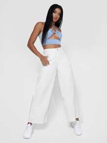 Jeanoix Zipper Fly Raw Hem Wide Leg Jeans - White - View 4
