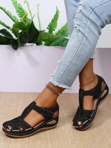 女士魔術貼踝帶戶外坡跟涼鞋 - 黑色 - 查看 1