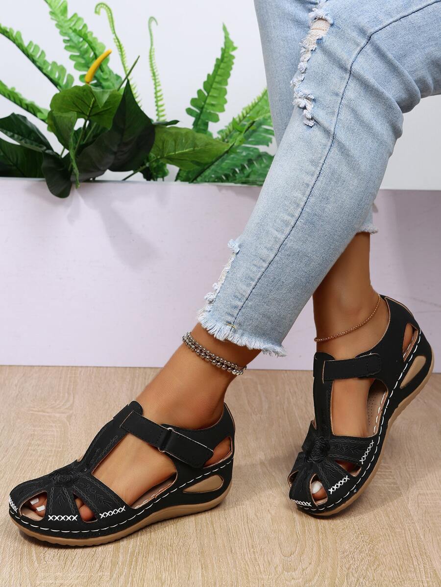 女士魔術貼踝帶戶外坡跟涼鞋 - 黑色 - 查看 1