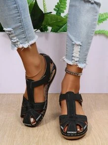 女士魔術貼踝帶戶外坡跟涼鞋 - 黑色 - 查看 6