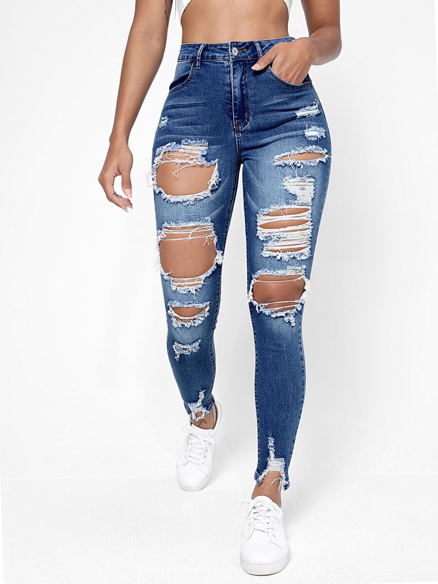 SHEIN Essnce High Waisted Ripped Raw Hem Cutout Skinny Jeans Ripped Jeans - Dark Wash - View 1