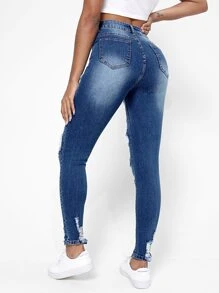 SHEIN Essnce Jeans ajustados de talle alto desgarro bajo crudo con abertura - Azul lavado oscuro - Ver 2
