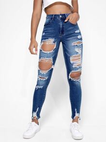 SHEIN Essnce Jeans ajustados de talle alto desgarro bajo crudo con abertura - Azul lavado oscuro - Ver 4