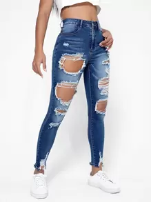 SHEIN Essnce Jeans ajustados de talle alto desgarro bajo crudo con abertura - Azul lavado oscuro - Ver 6