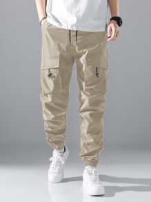Manfinity Men Flap Pocket Drawstring Waist Cargo Pants - Khaki - View 1