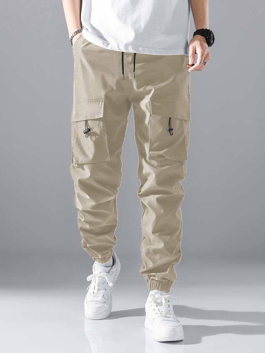 Manfinity Men Flap Pocket Drawstring Waist Cargo Pants - Khaki - View 1