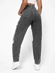 Jeans desgarro de talle alto - Gris Oscuro - Ver 2