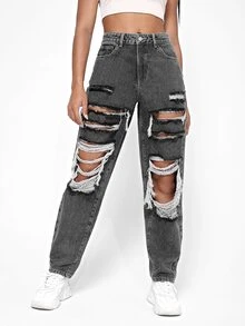 Jeans desgarro de talle alto - Gris Oscuro - Ver 3