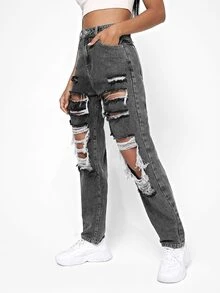 Jeans desgarro de talle alto - Gris Oscuro - Ver 4
