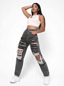 Jeans desgarro de talle alto - Gris Oscuro - Ver 6
