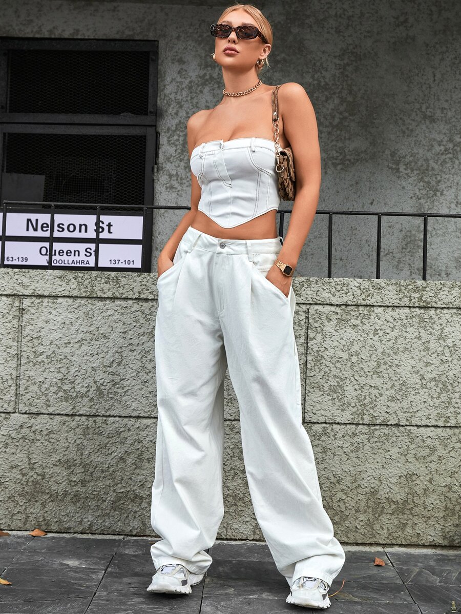 Jeans con bolsillo oblicuo de pierna ancha - Blanco - Ver 1