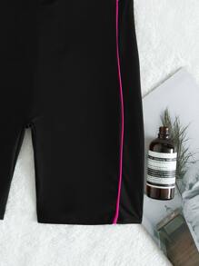 Swim SPRTY Summer Beach Neon Pink Panel High Neck One Piece Swimsuit - Black - View 3