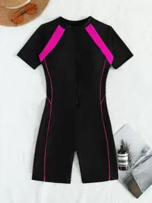 Swim SPRTY Summer Beach Neon Pink Panel High Neck One Piece Swimsuit - Black - View 4
