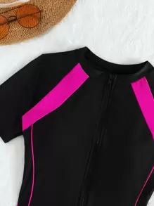 Swim SPRTY Summer Beach Neon Pink Panel High Neck One Piece Swimsuit - Black - View 5