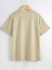 SHEIN EZwear Letter & Mushroom Print Drop Shoulder Tee - Khaki - View 2