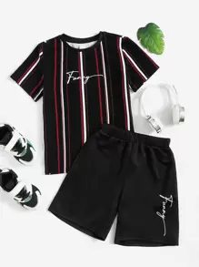 SHEIN Tween Boy Block Striped & Letter Graphic Tee & Shorts - Black - View 1