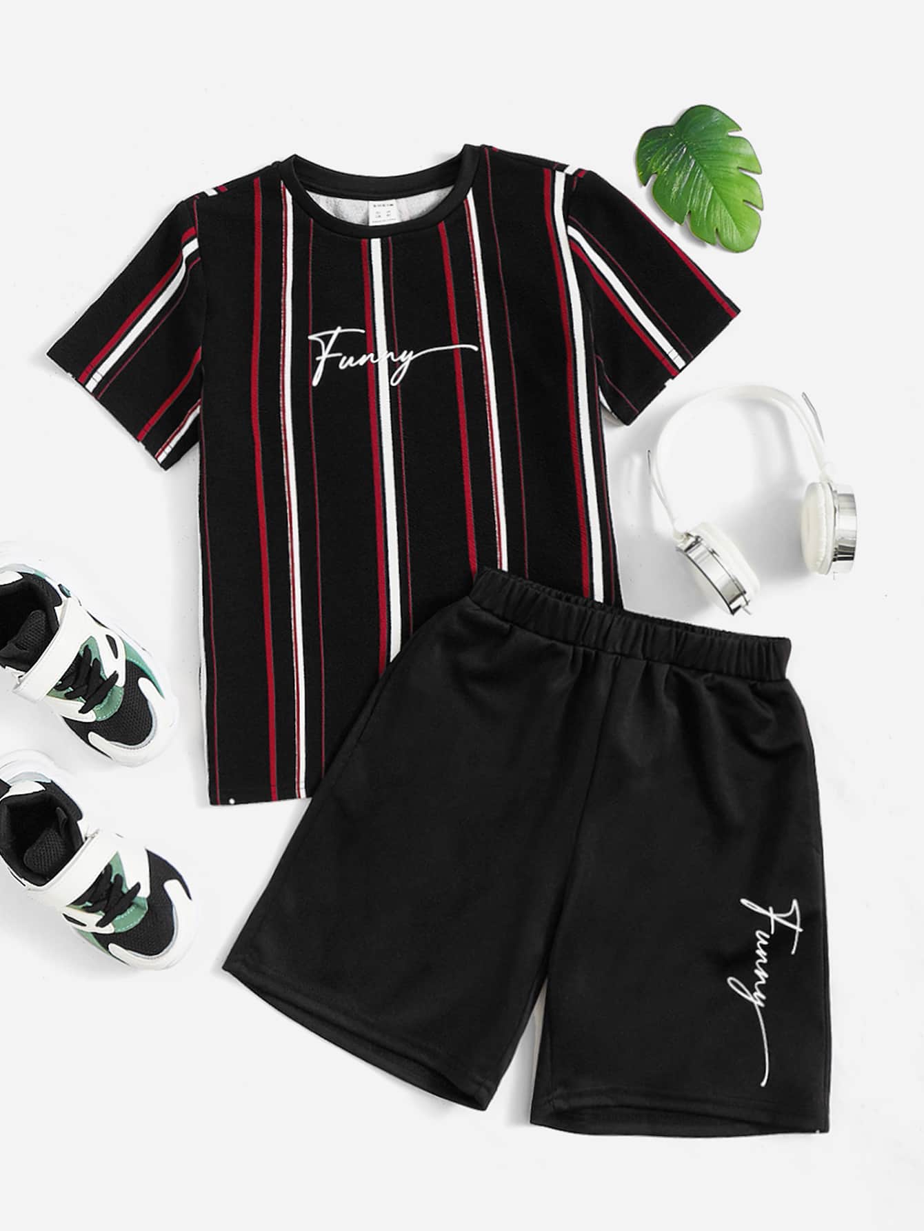 SHEIN Tween Boy Block Striped & Letter Graphic Tee & Shorts - Black - View 1