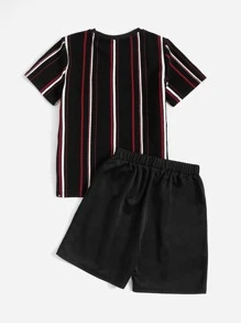 SHEIN Tween Boy Block Striped & Letter Graphic Tee & Shorts - Black - View 2