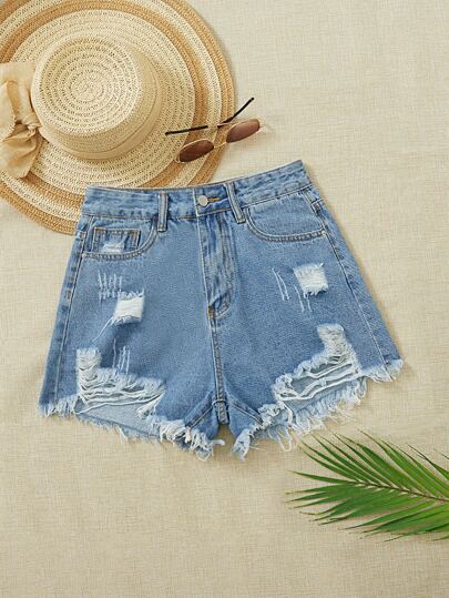 Denim Shorts mit Riss, unbearbeitetem Saum