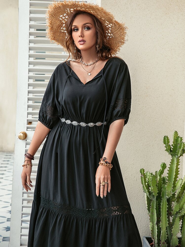 Plus Guipure Lace Insert Ruffle Hem Dress Without Belt - Black - View 4