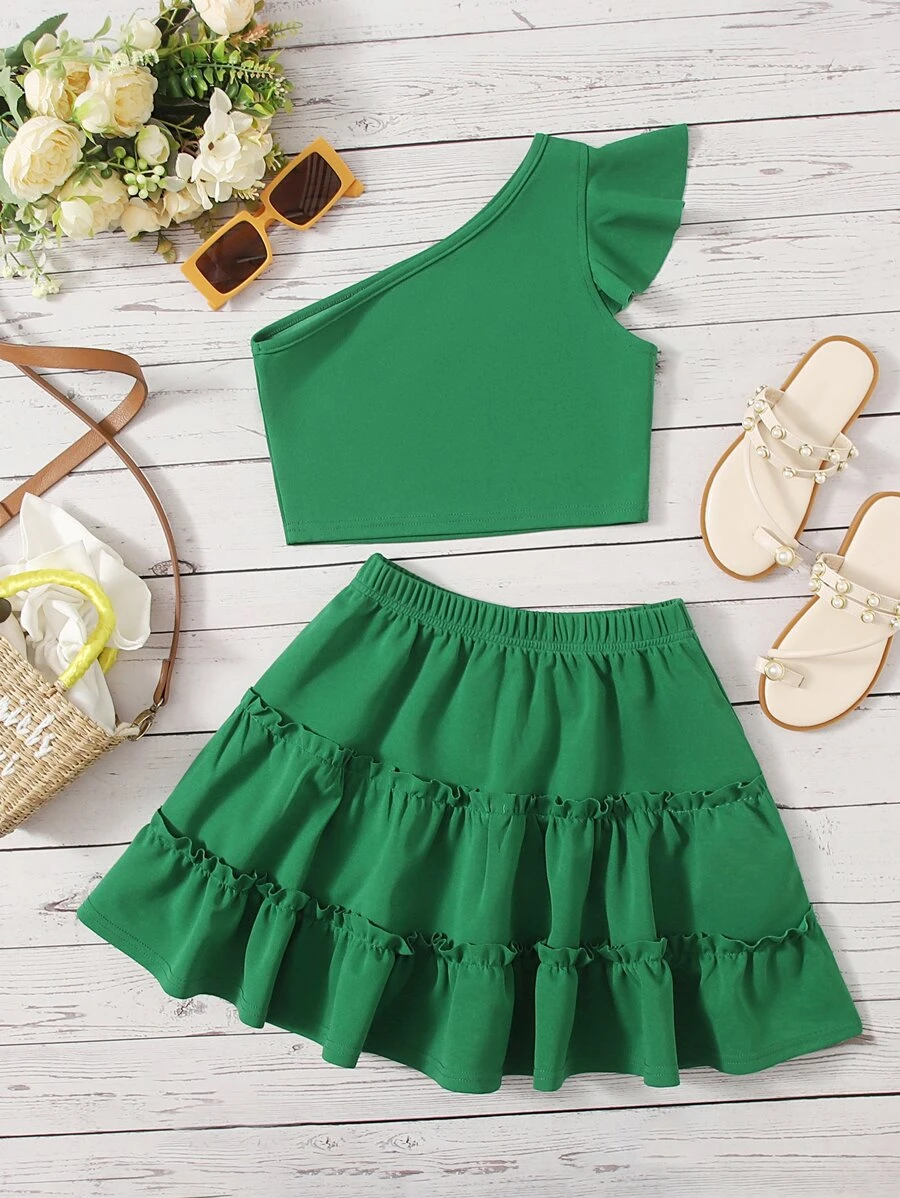 SHEIN Bộ hai mảnh Gái viền lá sen màu trơn Boho - màu xanh lá - Xem 1