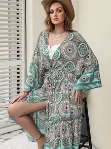 Rusttydustty Plus Size Mandala Print Batwing Sleeve Belted Kimono Summer - Multicolor - View 7