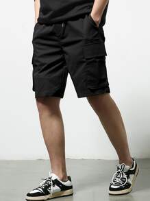 Manfinity Hypemode Hombres Shorts de cintura con cordón cargo - Negro - Ver 1