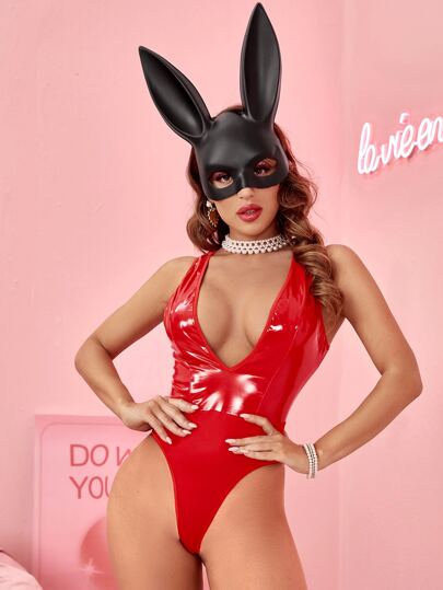 Patent Plunge Neck Teddy Bodysuit & Costume Face Shield