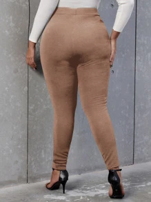 SHEIN Allurite Plus High Waist Button Detail Skinny Pants - Apricot - View 2