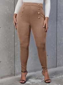 SHEIN Allurite Plus High Waist Button Detail Skinny Pants - Apricot - View 4