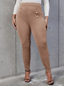 SHEIN Allurite Plus High Waist Button Detail Skinny Pants - Apricot - View 5