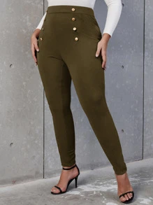 SHEIN Allurite Plus High Waist Button Detail Skinny Pants - Olive Green - View 1