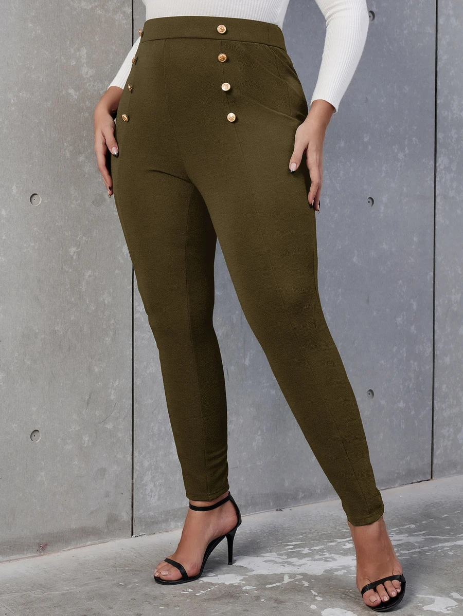 SHEIN Allurite Plus High Waist Button Detail Skinny Pants - Olive Green - View 1