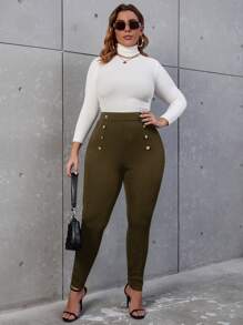 SHEIN Allurite Plus High Waist Button Detail Skinny Pants - Olive Green - View 3