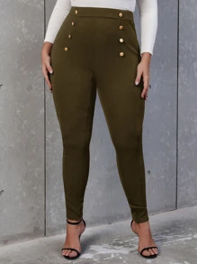 SHEIN Allurite Plus High Waist Button Detail Skinny Pants - Olive Green - View 4