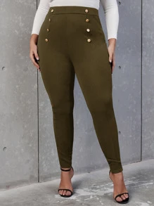 SHEIN Allurite Plus High Waist Button Detail Skinny Pants - Olive Green - View 5