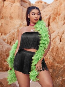 Top bandeau unicolor con fleco & Shorts - Negro - Ver 1