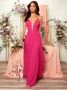 SHEIN Belle Crisscross Backless Sheer Mesh Insert Split Thigh Slip Dress - Hot Pink - View 4