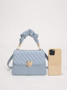 愛心裝飾褶邊頂部單條提帶翻蓋方包 - 藍色 - 查看 4