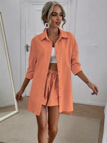 Chiquease Solid High Low Split Hem Shirt & Shorts - Coral Orange - View 5